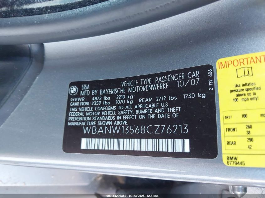 2008 BMW 535I VIN: WBANW13568CZ76213 Lot: 43296359