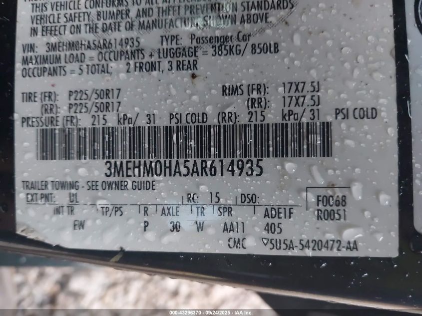 2010 Mercury Milan VIN: 3MEHM0HA5AR614935 Lot: 43296370