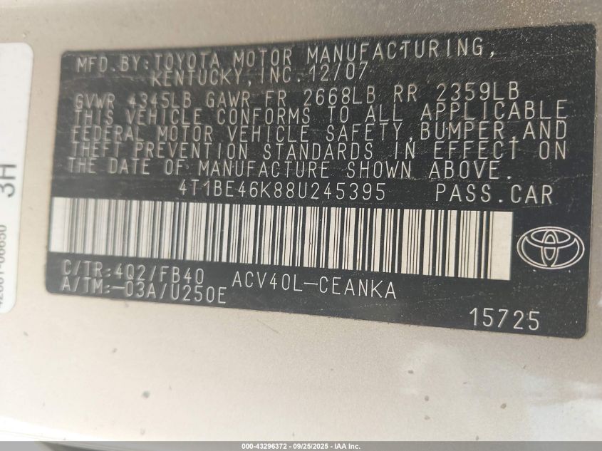 2008 Toyota Camry VIN: 4T1BE46K88U245395 Lot: 43296372