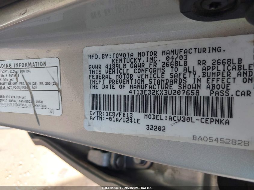 2003 Toyota Camry Le VIN: 4T1BE32KX3U207658 Lot: 43296381