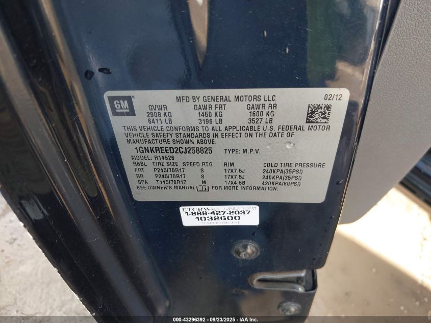 2012 Chevrolet Traverse Ls VIN: 1GNKREED2CJ258825 Lot: 43296392