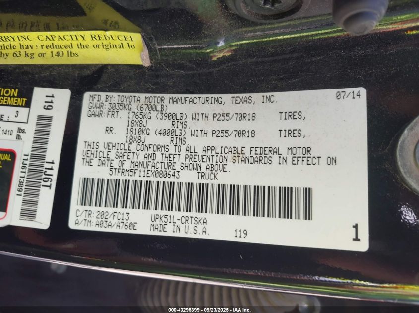 2014 Toyota Tundra Sr5 4.6L V8 VIN: 5TFRM5F11EX080643 Lot: 43296399