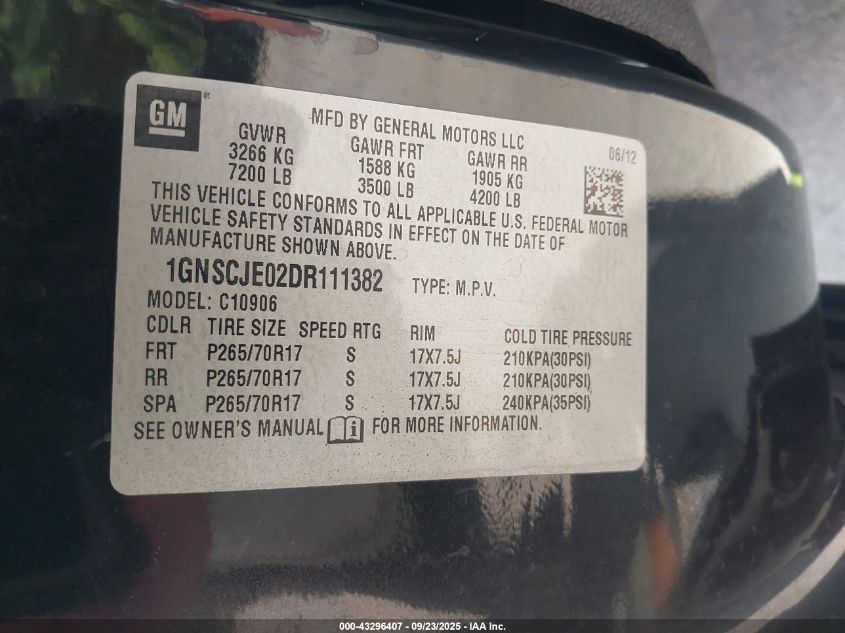 2013 Chevrolet Suburban 1500 Lt VIN: 1GNSCJE02DR111382 Lot: 43296407