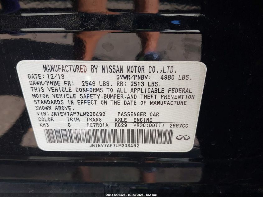 2020 Infiniti Q50 Luxe VIN: JN1EV7AP7LM206492 Lot: 43296425