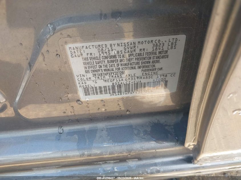 2015 Nissan Sentra S VIN: 3N1AB7APXFY327266 Lot: 43296427