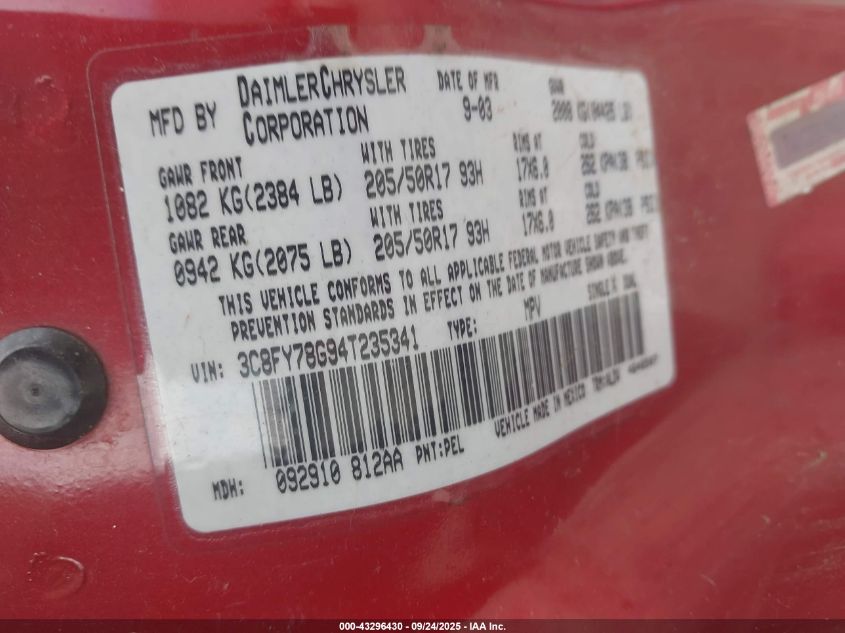 2004 Chrysler Pt Cruiser Gt VIN: 3C8FY78G94T235341 Lot: 43296430