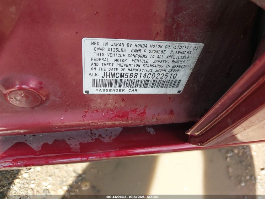 2004 Honda Accord 2.4 Ex VIN: JHMCM56814C022510 Lot: 43296435