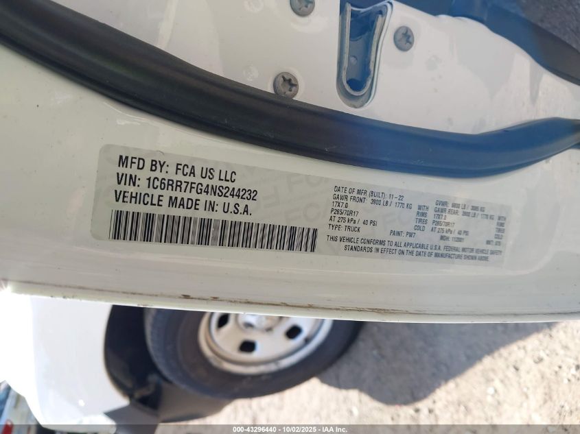 2022 Ram 1500 Classic Tradesman 4X4 6'4 Box VIN: 1C6RR7FG4NS244232 Lot: 43296440