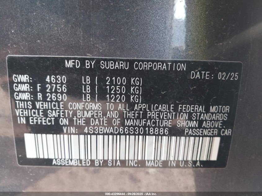 2025 Subaru Legacy Premium VIN: 4S3BWAD66S3018886 Lot: 43296444