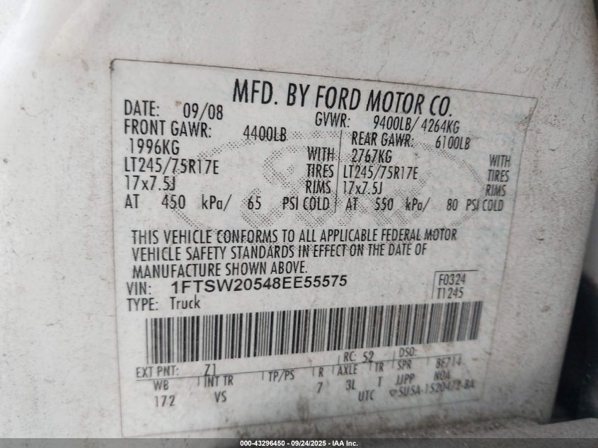 2008 Ford F-250 King Ranch/Lariat/Xl/Xlt VIN: 1FTSW20548EE55575 Lot: 43296450