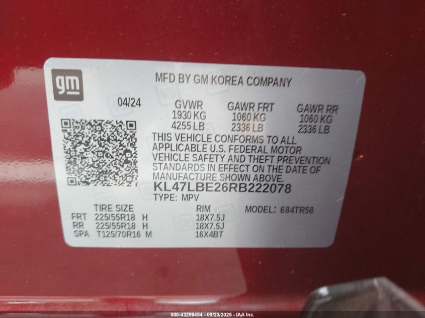 2024 Buick Envista Sport Touring Fwd VIN: KL47LBE26RB222078 Lot: 43296454