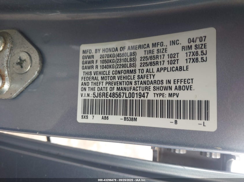 2007 Honda Cr-V Ex VIN: 5J6RE48567L001947 Lot: 43296479