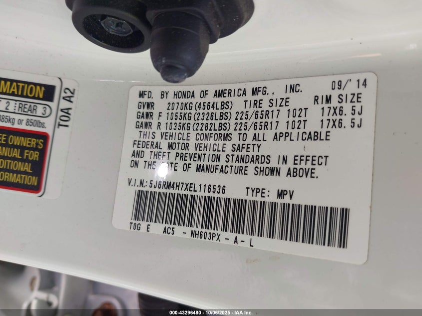 2014 HONDA CR-V EX-L 5J6RM4H7XEL116536