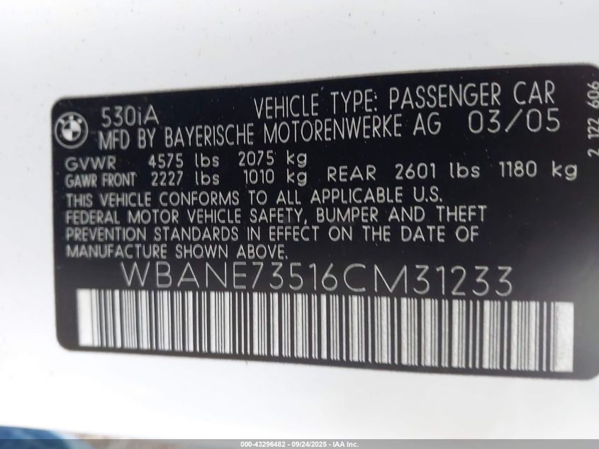 2006 BMW 530I VIN: WBANE73516CM31233 Lot: 43296482