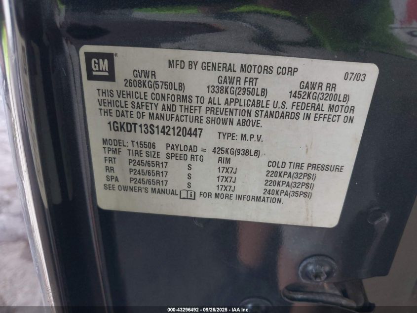 2004 GMC Envoy Slt VIN: 1GKDT13S142120447 Lot: 43296492