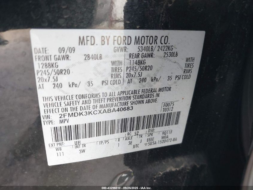 2010 Ford Edge Limited VIN: 2FMDK3KCXABA40683 Lot: 43296510