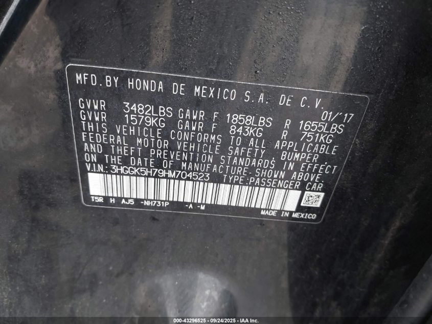 2017 Honda Fit Ex VIN: 3HGGK5H79HM704523 Lot: 43296525