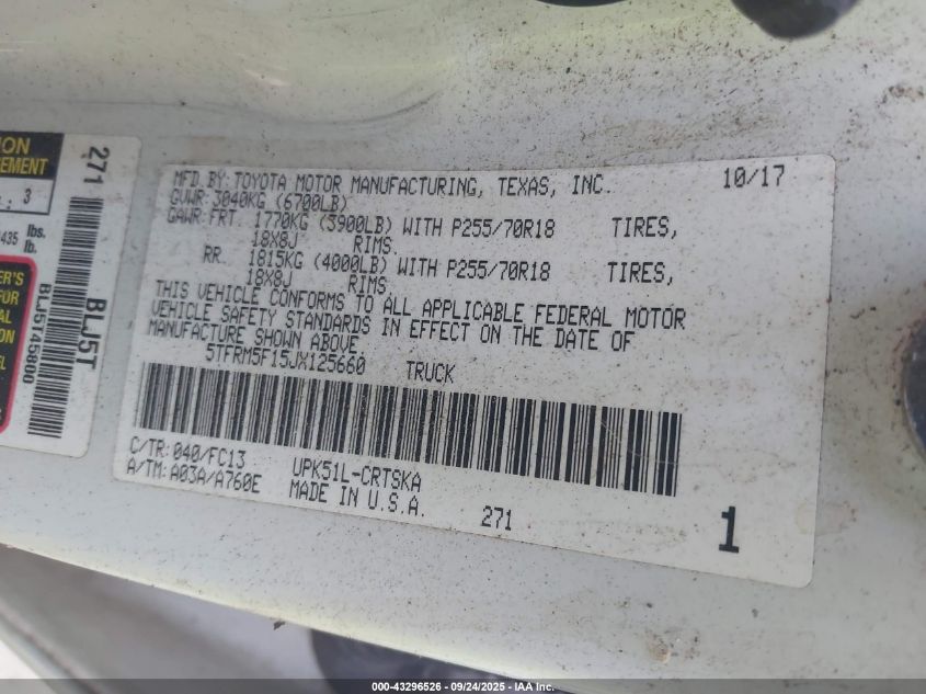 2018 Toyota Tundra Sr5 4.6L V8 VIN: 5TFRM5F15JX125660 Lot: 43296526