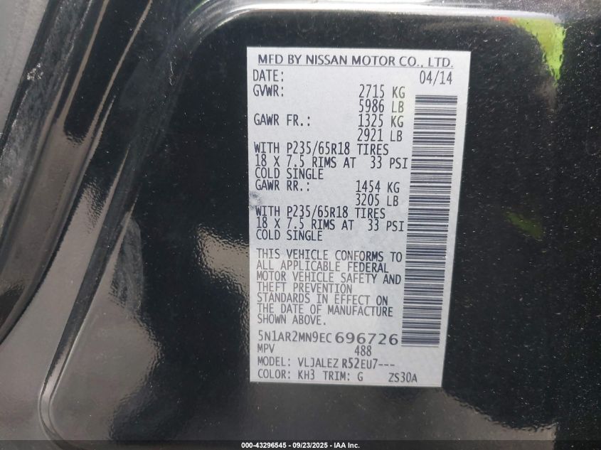 2014 Nissan Pathfinder Sv VIN: 5N1AR2MN9EC696726 Lot: 43296545