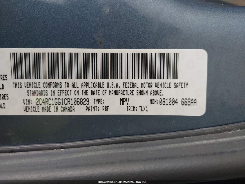 2012 Chrysler Town & Country Limited VIN: 2C4RC1GG1CR106829 Lot: 43296557