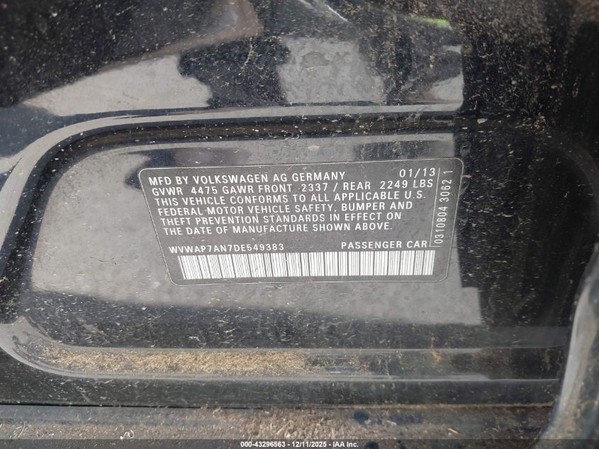 2013 Volkswagen Cc 2.0T Sport VIN: WVWAP7AN7DE549383 Lot: 43296563