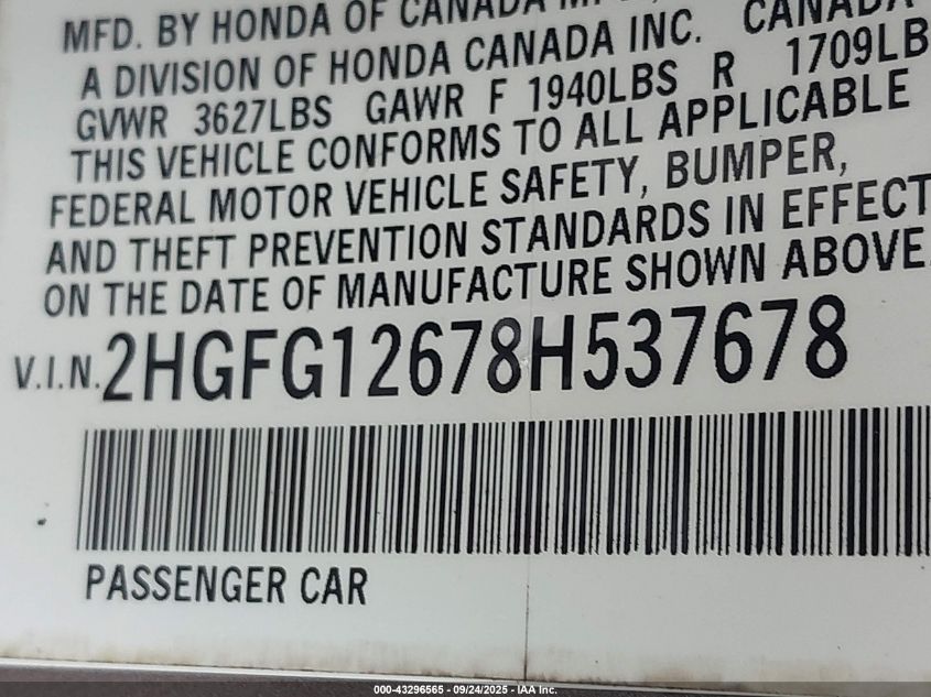 2008 Honda Civic Lx VIN: 2HGFG12678H537678 Lot: 43296565