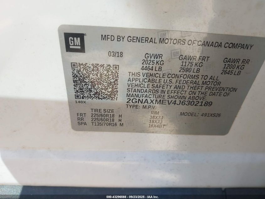 2018 Chevrolet Equinox Premier VIN: 2GNAXMEV4J6302189 Lot: 43296566