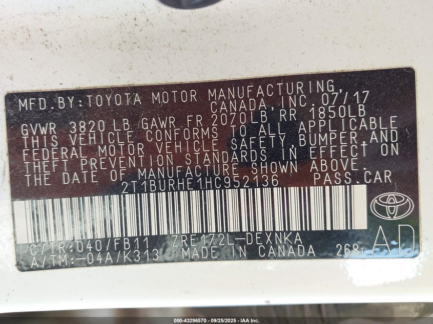 2017 TOYOTA COROLLA LE - 2T1BURHE1HC952136