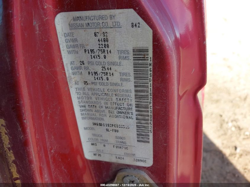 1993 Nissan Truck Short Wheelbase VIN: 1N6SD11S2PC338525 Lot: 43296587