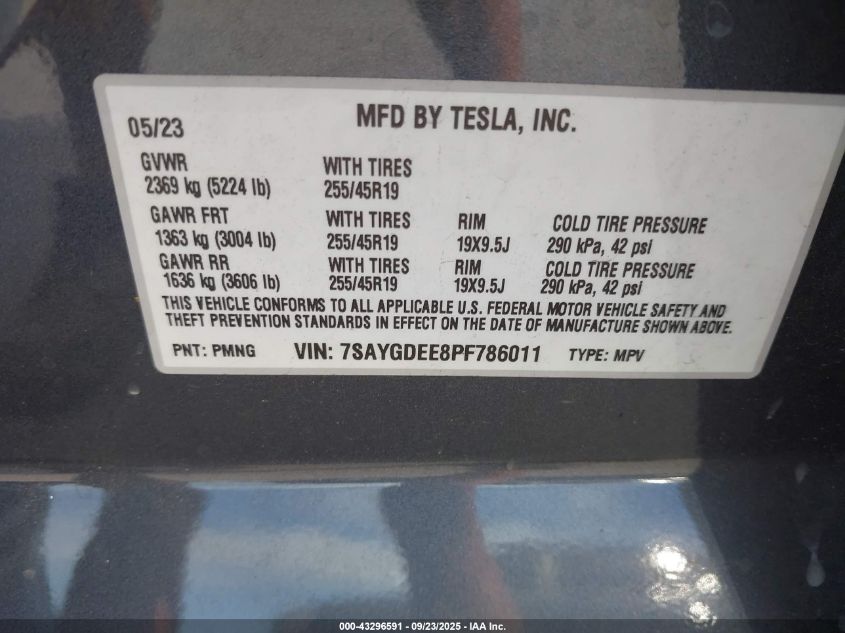 2023 Tesla Model Y Awd/Long Range Dual Motor All-Wheel Drive VIN: 7SAYGDEE8PF786011 Lot: 43296591