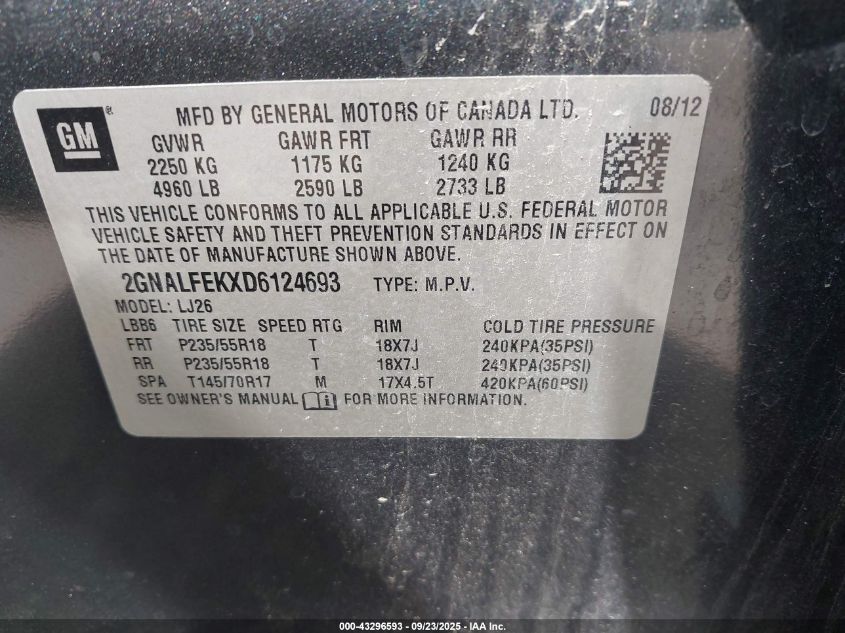 2013 Chevrolet Equinox Ltz VIN: 2GNALFEKXD6124693 Lot: 43296593