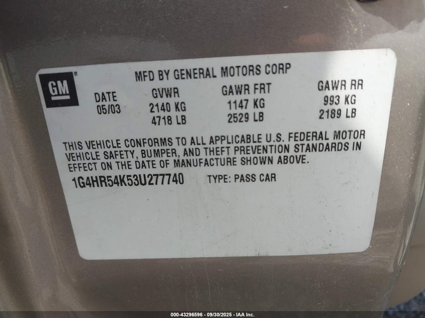 2003 Buick Lesabre Limited VIN: 1G4HR54K53U277740 Lot: 43296596
