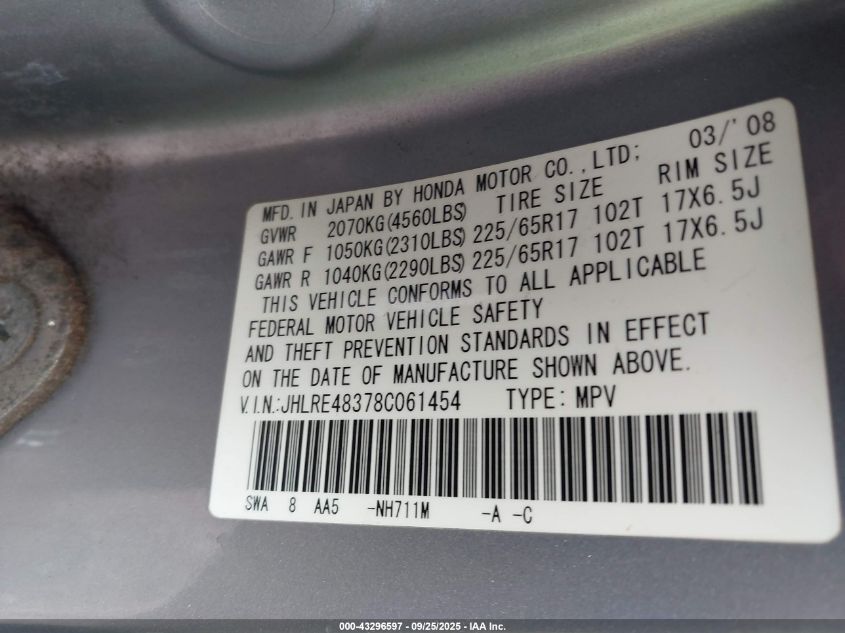 2008 Honda Cr-V Lx VIN: JHLRE48378C061454 Lot: 43296597