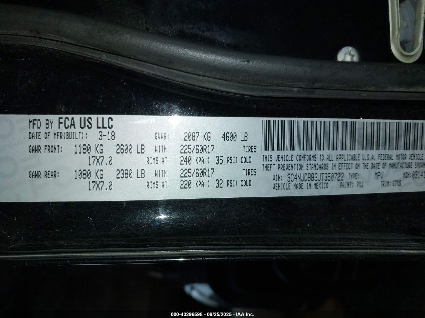 2018 Jeep Compass Latitude 4X4 VIN: 3C4NJDBB3JT350722 Lot: 43296598