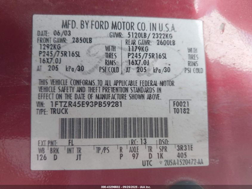 2003 Ford Ranger Edge/Xlt VIN: 1FTZR45E93PB59281 Lot: 43296602