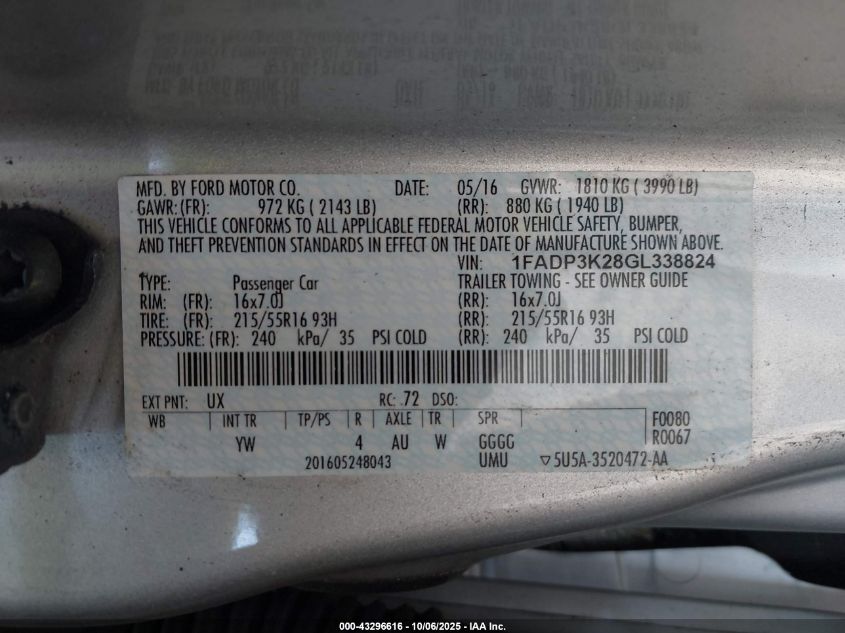 2016 Ford Focus Se VIN: 1FADP3K28GL338824 Lot: 43296616