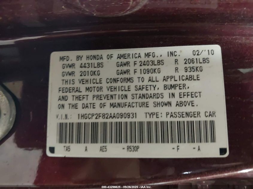 2010 Honda Accord 2.4 Ex-L VIN: 1HGCP2F82AA090931 Lot: 43296625