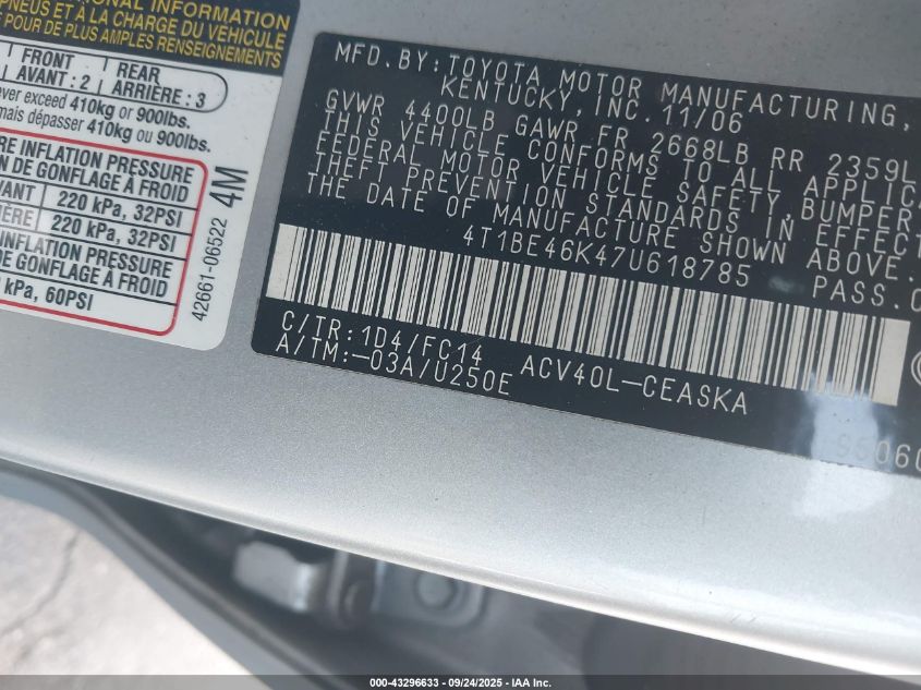 2007 Toyota Camry Se VIN: 4T1BE46K47U618785 Lot: 43296633