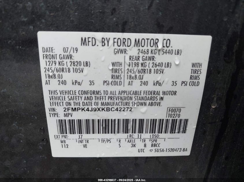 2019 Ford Edge Sel VIN: 2FMPK4J9XKBC42272 Lot: 43296637