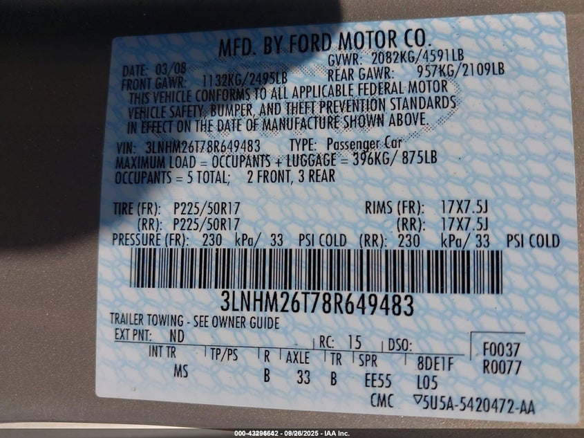 2008 Lincoln Mkz VIN: 3LNHM26T78R649483 Lot: 43296642