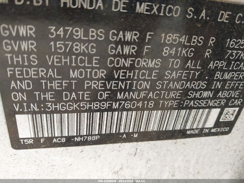 2015 Honda Fit Ex/Ex-L VIN: 3HGGK5H89FM760418 Lot: 43296646