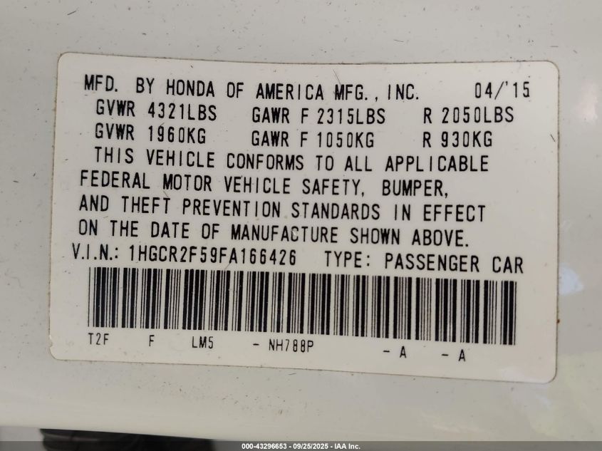 2015 Honda Accord Sport VIN: 1HGCR2F59FA166426 Lot: 43296653