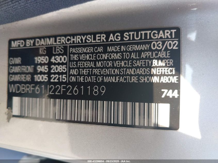 2002 Mercedes-Benz C 240 VIN: WDBRF61J22F261189 Lot: 43296654