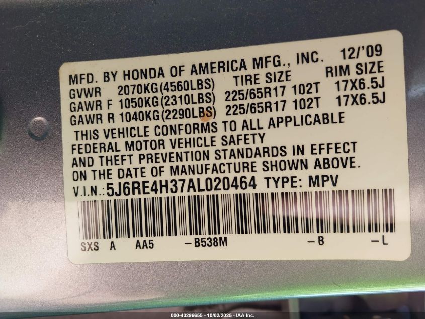 2010 Honda Cr-V Lx VIN: 5J6RE4H37AL020464 Lot: 43296655