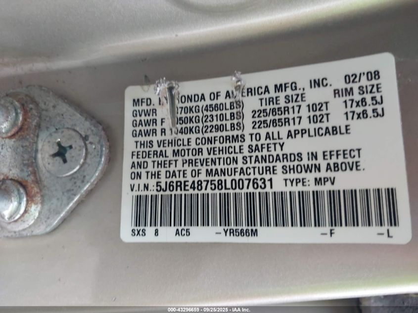 2008 Honda Cr-V Ex-L VIN: 5J6RE48758L007631 Lot: 43296659