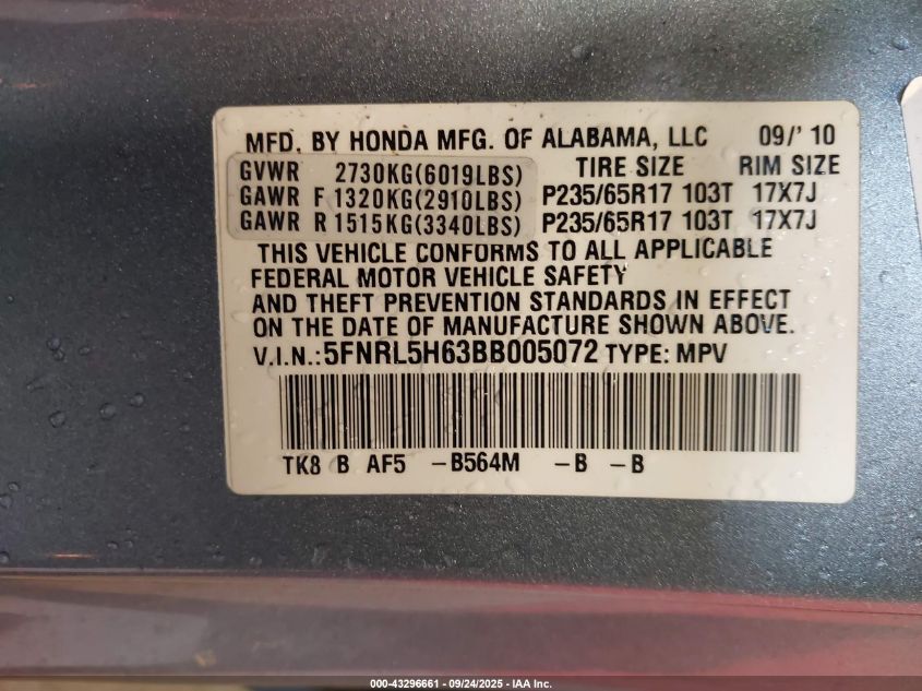 2011 Honda Odyssey Ex-L VIN: 5FNRL5H63BB005072 Lot: 43296661