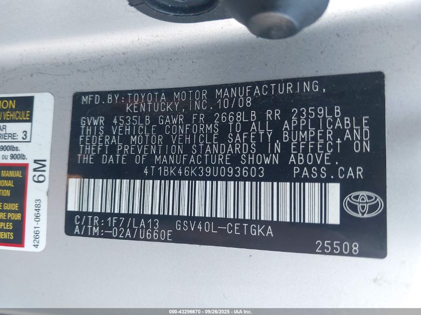 2009 Toyota Camry Xle V6 VIN: 4T1BK46K39U093603 Lot: 43296670