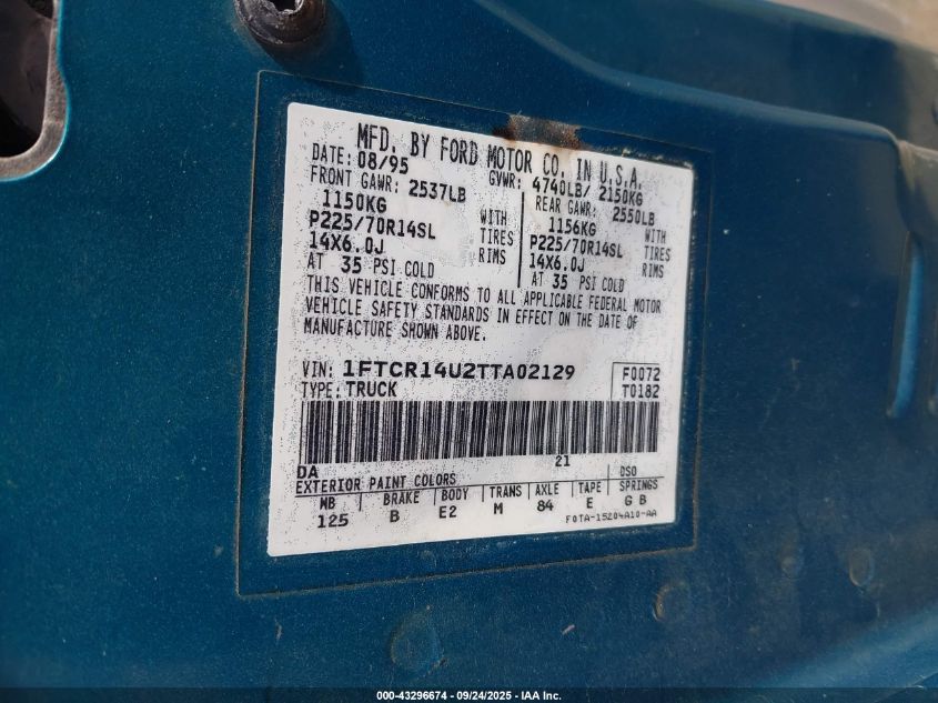 1996 Ford Ranger Super Cab VIN: 1FTCR14U2TTA02129 Lot: 43296674
