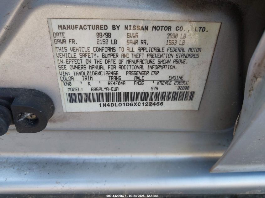 1999 Nissan Altima Gle/Gxe/Se/Se-L/Xe VIN: 1N4DL01D6XC122466 Lot: 43296677