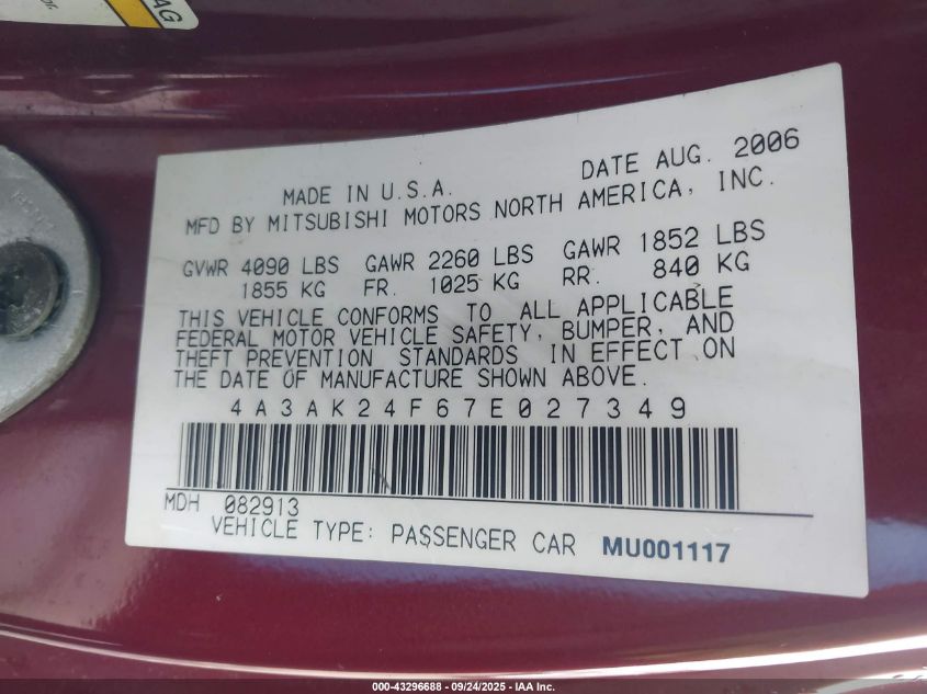 2007 Mitsubishi Eclipse Gs VIN: 4A3AK24F67E027349 Lot: 43296688